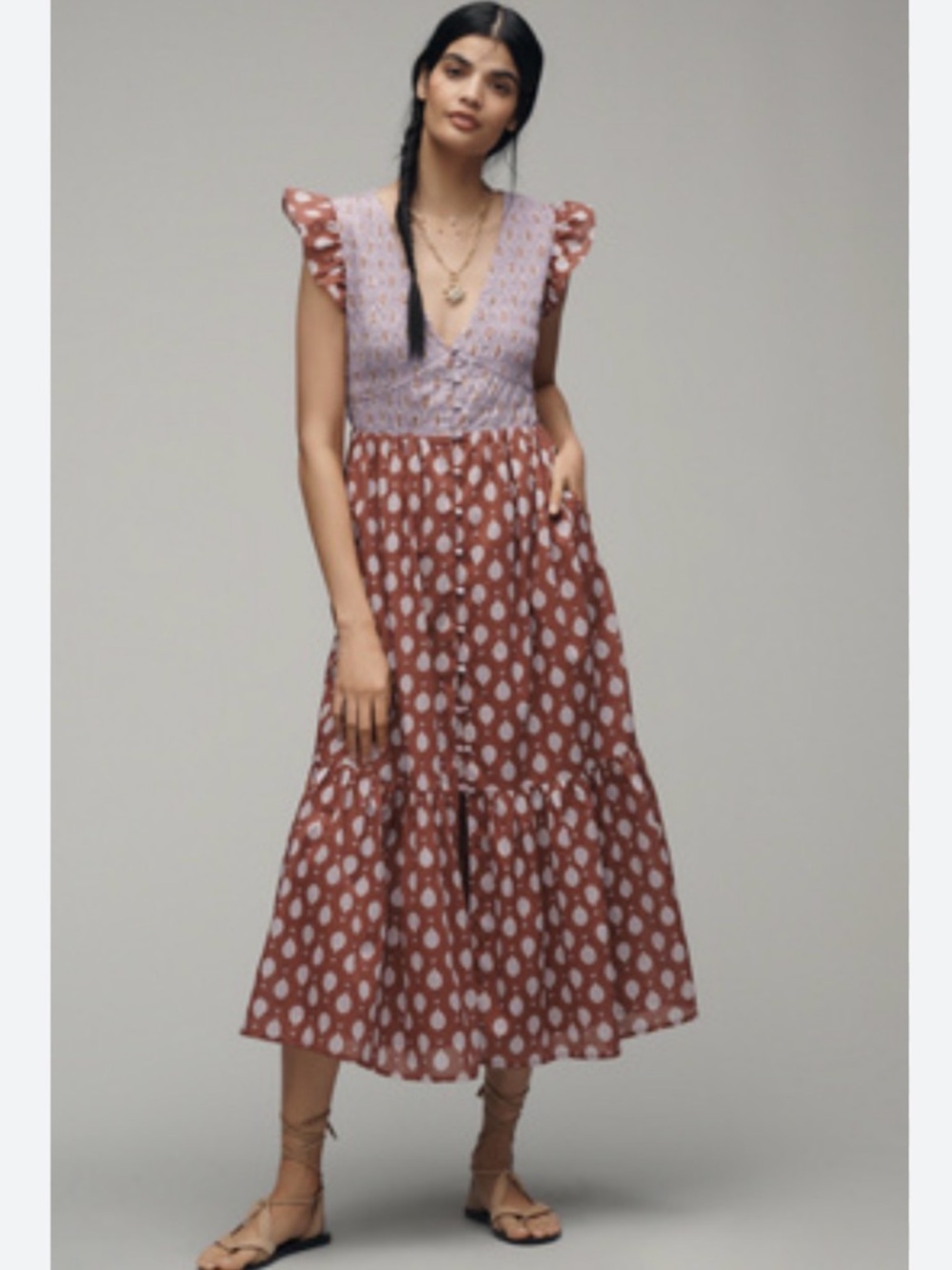 Anthropologie Lavender and Rust Midi Dress with Flutter Sleeves